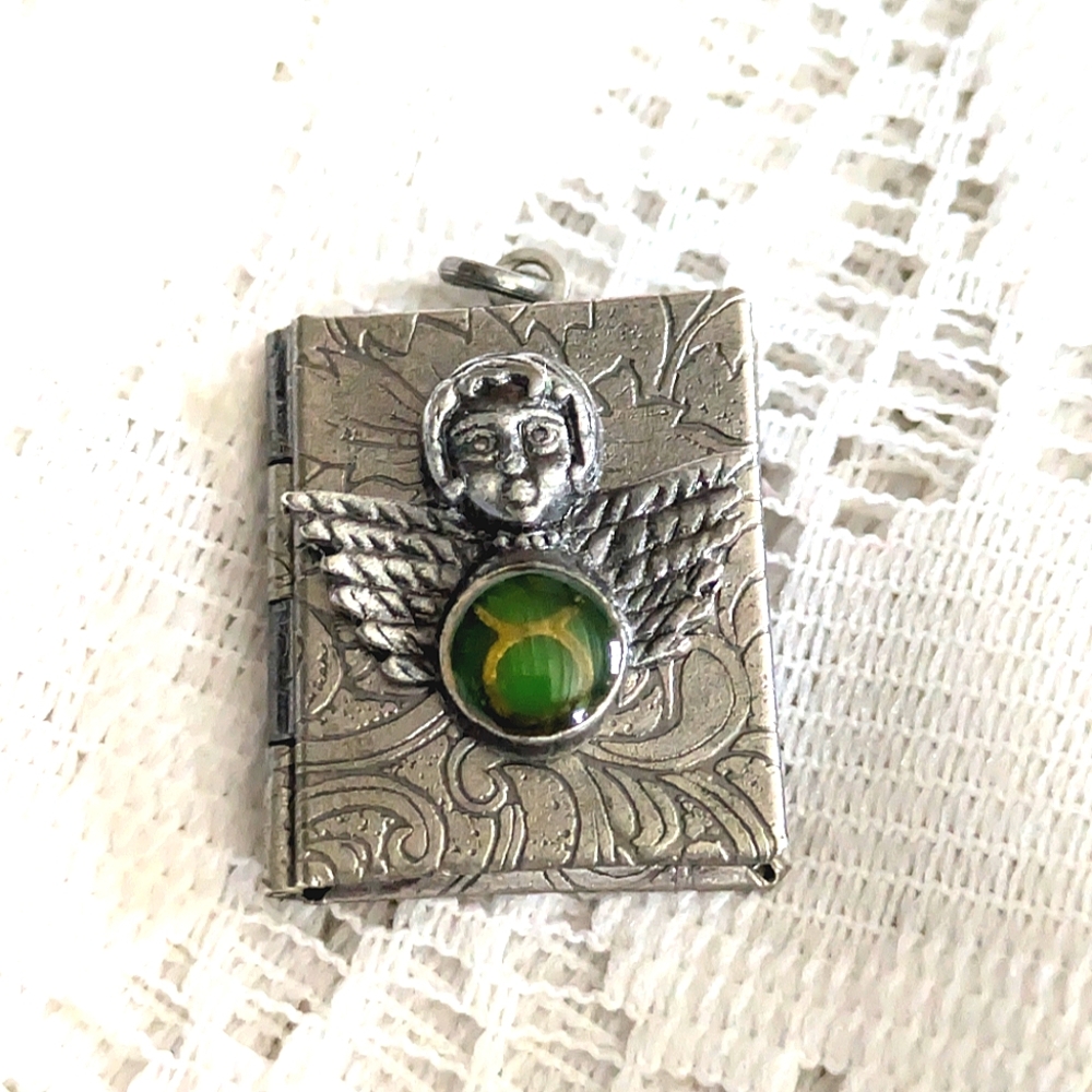 Vintage Locket Taurus Book Pendant Silver Tone Metal Angel Cherub